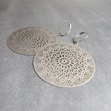 Silver Dreamcatcher Earrings, spiderweb earring, hypoallergenic stainless steel, dream catcher earring, large round silver filigree earrings - Constant Baubling