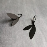 Matte Black Earrings, double leaf earring, black leaves, lever back earring, leverback, helicopter seed earring, asymmetrical earring, flat - Constant Baubling