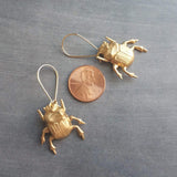 Gold Beetle Earrings, large beetle earring, gold insect earring, big bug earring, insect jewelry, gold bug dangle, latching kidney ear hook - Constant Baubling