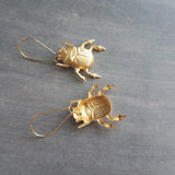 Gold Beetle Earrings, large beetle earring, gold insect earring, big bug earring, insect jewelry, gold bug dangle, latching kidney ear hook - Constant Baubling