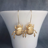 Gold Beetle Earrings, large beetle earring, gold insect earring, big bug earring, insect jewelry, gold bug dangle, latching kidney ear hook - Constant Baubling