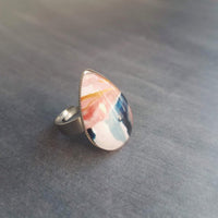 80s Ring, pastel colors ring, color splash ring, abstract ring, glass tear drop, hypoallergenic stainless steel ring, pink blue adjustable - Constant Baubling