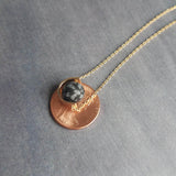 Matte Black Stone Necklace, eclipse necklace, snowflake obsidian necklace, spotted obsidian pendant, gold semicircle, modern half circle orb - Constant Baubling