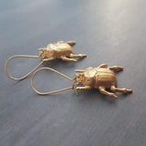 Gold Beetle Earrings, large beetle earring, gold insect earring, big bug earring, insect jewelry, gold bug dangle, latching kidney ear hook - Constant Baubling