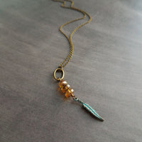 Long Feather Necklace, delicate feather, feather pendant, verdigris patina feather, bronze necklace, antique brass chain, turquoise feather