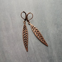 Antique Copper Leaf Earrings, long narrow copper leaves, copper lever back earrings, antique copper filigree earring, cut out leaf earring, fall earring autumn jewelry, thin filigree leaf