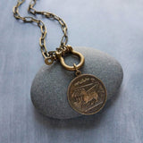 Antique Bronze Shackle Coin Necklace, chunky aged brass chain, thick front clasp, oval paperclip chain, big horse shoe screw clasp, large