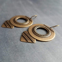 Large Round Antique Bronze Earrings, tribal style medallions, beaded edge, rustic antique brass earring, lightweight ox brass gold triangle