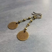 Antique Brass Chain Earrings, bronze disk earring, delicate thin earring, antique bronze round dangle, bronze chain, lightweight aged brass