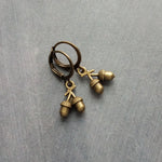 Huggie Hoop Acorn Earrings, antique brass round lever back, antique bronze hoop, small hoop earring, bronze acorn dangle earring, antique brass acorn earring, squirrel earring, rustic acorn earring, oak tree earring, fall autumn gift