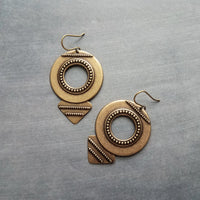 Large Round Antique Bronze Earrings, tribal style medallions, beaded edge, rustic antique brass earring, lightweight ox brass gold triangle
