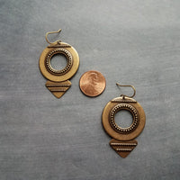 Large Round Antique Bronze Earrings, tribal style medallions, beaded edge, rustic antique brass earring, lightweight ox brass gold triangle