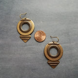 Large Round Antique Bronze Earrings, tribal style medallions, beaded edge, rustic antique brass earring, lightweight ox brass gold triangle