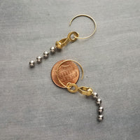 Gold & Steel Ball Chain Earrings, raw brass round hooks, hoop hook, mixed metals, long narrow dangle, round beaded earring, silver and gold earrings, 4mm silver ball chain