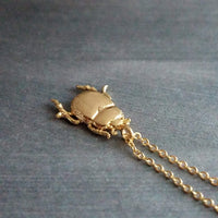 Little Gold Beetle Necklace, small beetle pendant, thin delicate 18in chain, rose June bug, 14K gold fill chain opt, 3D insect bug charm jewelry, gold bug necklace