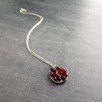 Silver Pomegranate Necklace, garnet red seeds, fruit necklace, fertility necklace, pomegranate pendant, open half pomegranate, seed necklace