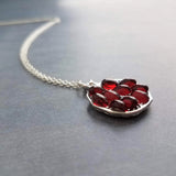 Silver Pomegranate Necklace, garnet red seeds, fruit necklace, fertility necklace, pomegranate pendant, open half pomegranate, seed necklace