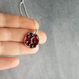 Silver Pomegranate Necklace, garnet red seeds, fruit necklace, fertility necklace, pomegranate pendant, open half pomegranate, seed necklace