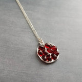 Silver Pomegranate Necklace, garnet red seeds, fruit necklace, fertility necklace, pomegranate pendant, open half pomegranate, seed necklace