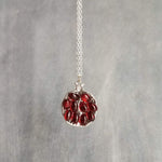 Silver Pomegranate Necklace, garnet red seeds, fruit necklace, fertility necklace, pomegranate pendant, open half pomegranate, seed necklace