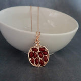 Rose Gold Pomegranate Necklace, maroon red seeds, fruit necklace, fertility necklace, pomegranate pendant, open half pomegranate, seed necklace