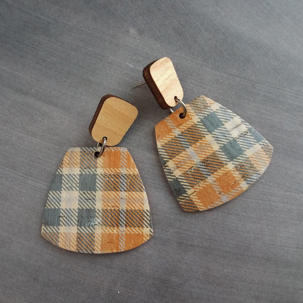 Plaid Earrings, fall earrings, wood cork earrings, stainless steel earrings, hypoallergenic earrings, large dangle earrings, weathered plaid, gold blue plaid, winter jewelry, OOAK earrings, Xmas gift