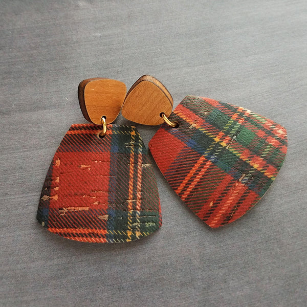 Red Tartan Plaid Earrings, wood earrings, hypoallergenic stainless steel earrings, large dangle earrings, Christmas Xmas earrings, winter jewelry, OOAK