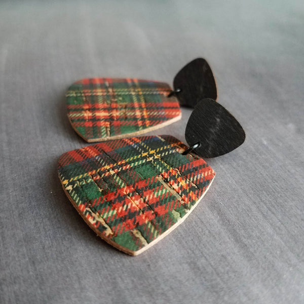 Red Tartan Plaid Holiday Earrings, cork earrings, hypoallergenic stainless steel earrings, large dangle earrings, weathered plaid, Christmas Xmas earrings, winter jewelry, OOAK earrings, black wood earrings, hypoallergenic earrings, stainless steel