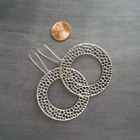 Silver Circle Bubble Earrings, large silver earring, big silver earring, large lightweight earring, antique silver round washer, small holes, latching kidney wires, locking hooks