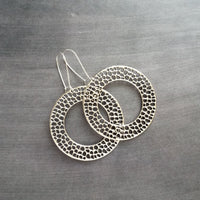 Silver Circle Bubble Earrings, large silver earring, big silver earring, large lightweight earring, antique silver round washer, small holes, latching kidney wires, locking hooks
