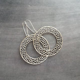 Silver Circle Bubble Earrings, large silver earring, big silver earring, large lightweight earring, antique silver round washer, small holes, latching kidney wires, locking hooks
