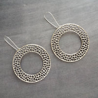 Silver Circle Bubble Earrings, large silver earring, big silver earring, large lightweight earring, antique silver round washer, small holes, latching kidney wires, locking hooks