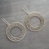 Silver Circle Bubble Earrings, large silver earring, big silver earring, large lightweight earring, antique silver round washer, small holes, latching kidney wires, locking hooks