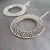 Silver Circle Bubble Earrings, large silver earring, big silver earring, large lightweight earring, antique silver round washer, small holes, latching kidney wires, locking hooks