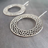 Silver Circle Bubble Earrings, large silver earring, big silver earring, large lightweight earring, antique silver round washer, small holes, latching kidney wires, locking hooks