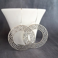 Silver Circle Bubble Earrings, large silver earring, big silver earring, large lightweight earring, antique silver round washer, small holes, latching kidney wires, locking hooks