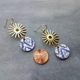 Blue Gold Sun Earrings, Moroccan earring, cork earring, blue white earring, tile pattern earring, sun ray dangle, 2.5 inch long, sunshine