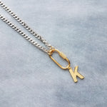 Curb Chain w/ Front Carabiner Clasp and Letter Charm, stainless steel necklace, chunky chain, Miami chain, initial charm, front clasp, oval clasp, oval screw clasp, gold clasp with silver chain, gold letter pendant, beveled flat concave curb chain
