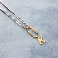Curb Chain w/ Front Carabiner Clasp and Letter Charm, stainless steel chunky chain, Miami chain, initial charm, front clasp, oval clasp, oval screw clasp, gold clasp with silver chain, gold letter pendant, beveled flat concave curb chain