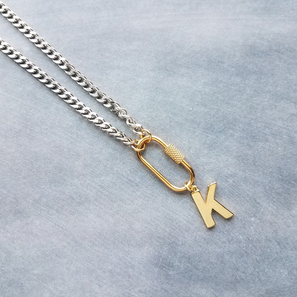 Curb Chain w/ Front Carabiner Clasp and Letter Charm, stainless steel necklace, chunky chain, Miami chain, initial charm, front clasp, oval clasp, oval screw clasp, gold clasp with silver chain, gold letter pendant, beveled flat concave curb chain
