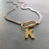 Curb Chain w/ Front Carabiner Clasp and Letter Charm, stainless steel chunky chain, Miami chain, initial charm, front clasp, oval clasp, oval screw clasp, gold clasp with silver chain, gold letter pendant, beveled flat concave curb chain