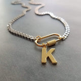 Curb Chain w/ Front Carabiner Clasp and Letter Charm, stainless steel necklace, chunky chain, Miami chain, initial charm, front clasp, oval clasp, oval screw clasp, gold clasp with silver chain, gold letter pendant, beveled flat concave curb chain