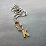 Curb Chain w/ Front Carabiner Clasp and Letter Charm, stainless steel chunky chain, Miami chain, initial charm, front clasp, oval clasp, oval screw clasp, gold clasp with silver chain, gold letter pendant, beveled flat concave curb chain