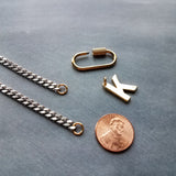 Curb Chain w/ Front Carabiner Clasp and Letter Charm, stainless steel chunky chain, Miami chain, initial charm, front clasp, oval clasp, oval screw clasp, gold clasp with silver chain, gold letter pendant, beveled flat concave curb chain