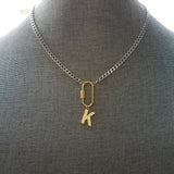 Curb Chain w/ Front Carabiner Clasp and Letter Charm, stainless steel necklace, chunky chain, Miami chain, initial charm, front clasp, oval clasp, oval screw clasp, gold clasp with silver chain, gold letter pendant, beveled flat concave curb chain