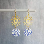 Blue Gold Sun Earrings, Moroccan earring, cork earring, blue white earring, tile pattern earring, sun ray dangle, 2.5 inch long, sunshine