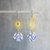 Blue Gold Sun Earrings, Moroccan earring, cork earring, blue white earring, tile pattern earring, sun ray dangle, 2.5 inch long, sunshine