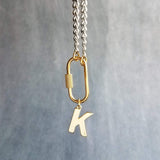 Curb Chain w/ Front Carabiner Clasp and Letter Charm, stainless steel chunky chain, Miami chain, initial charm, front clasp, oval clasp, oval screw clasp, gold clasp with silver chain, gold letter pendant, beveled flat concave curb chain