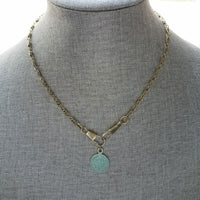 Bronze Medallion Coin Necklace, verdigris patina pendant, ancient coin charm, bronze paperclip chain, antique brass chain, twisted chain, turquoise coin, front clasp clips