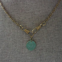 Bronze Medallion Coin Necklace, verdigris patina pendant, ancient coin charm, bronze paperclip chain, antique brass chain, twisted chain, turquoise coin, front clasp clips